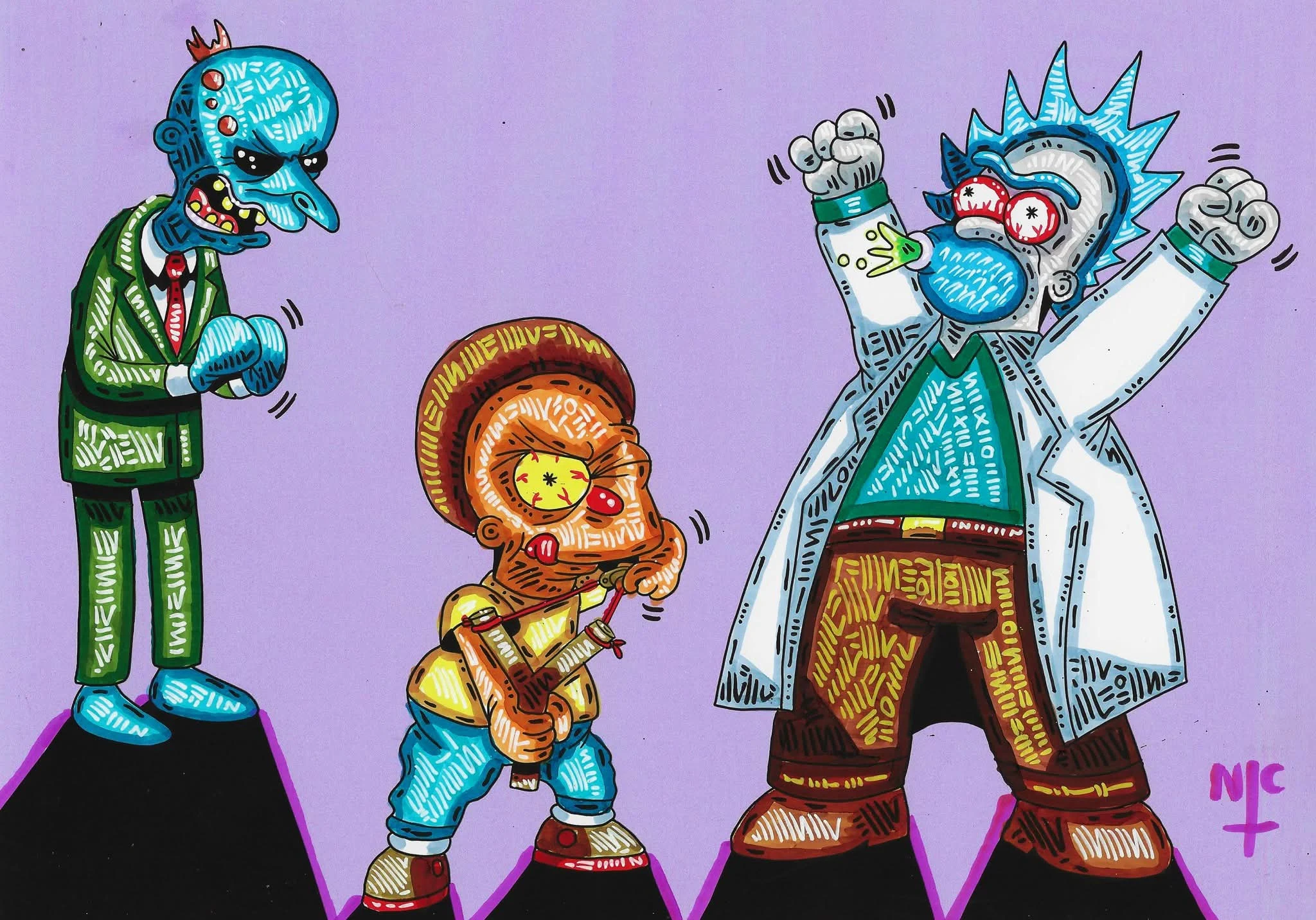 Rick and Morty, Simpsons cross over inks a4 by Nikartgod